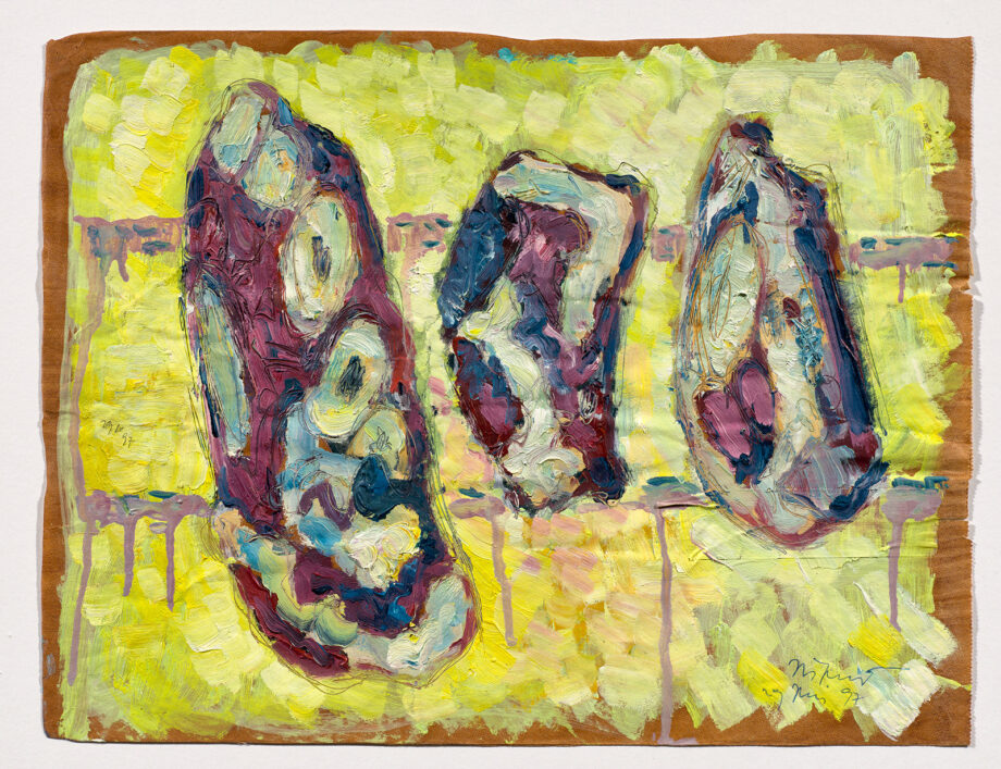 Painting of artist Velimir Ilisevic, title: Meat II, year: 1997, media: oil on paper, dimensions: 39 x 49 cm (15.4 x 19.3 inch)